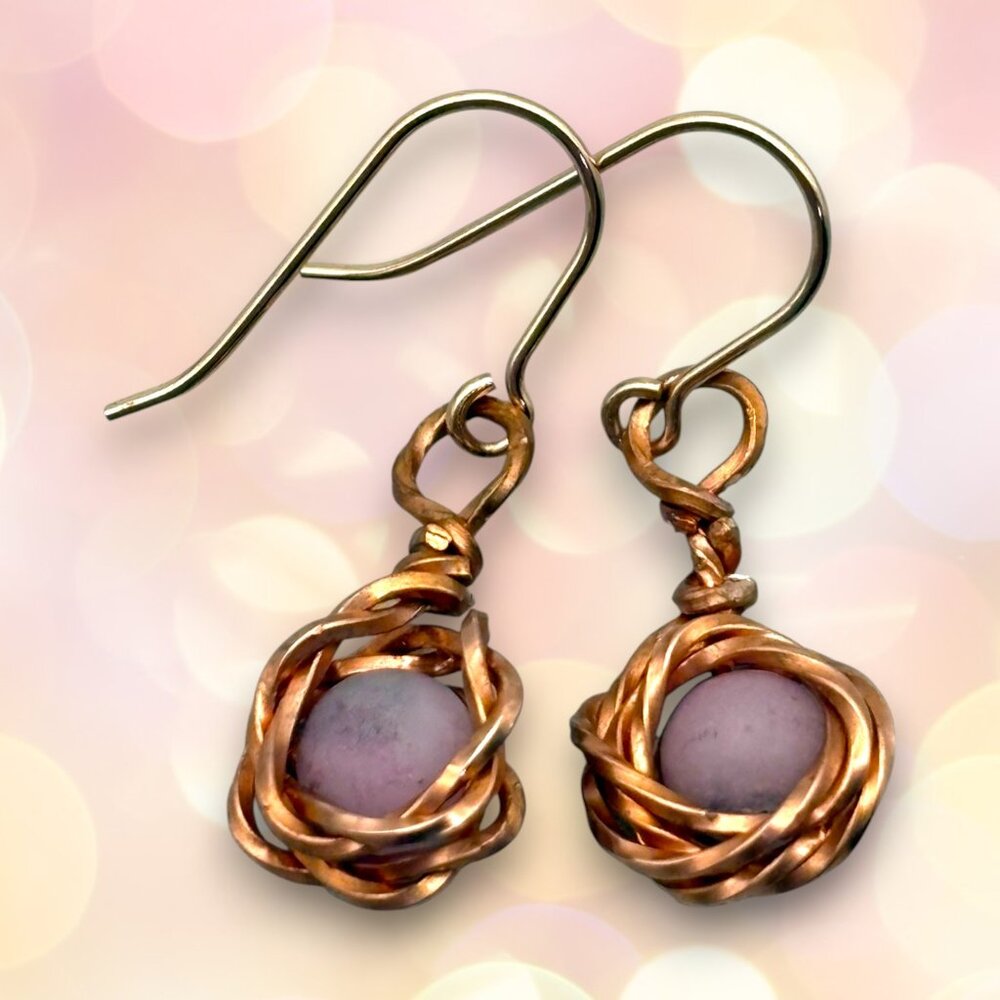 Sakura Agate Earrings wire wrapped in Copper,  on a Rose Gold filled EarWire